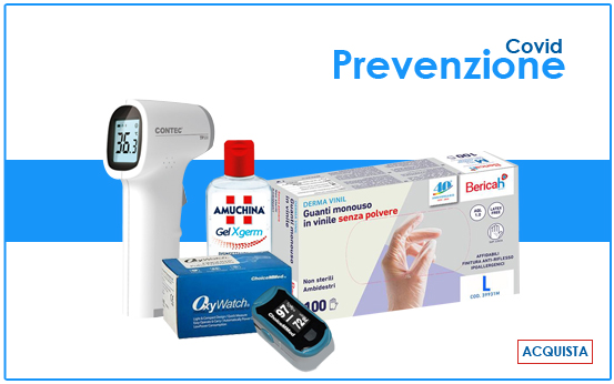 Prevenzione covid, gel mani, termometro infrarossi, pulsossimetro, saturimetro e integratori
